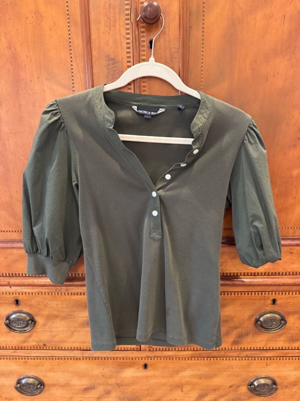 Veronica Beard Olive Green Puff-Sleeve Henley